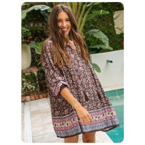 Natural Life Dara Tassel Long Sleeve Boho Floral V-Neck Mini Dress sz xs